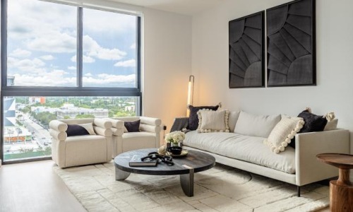 a living room with a large window